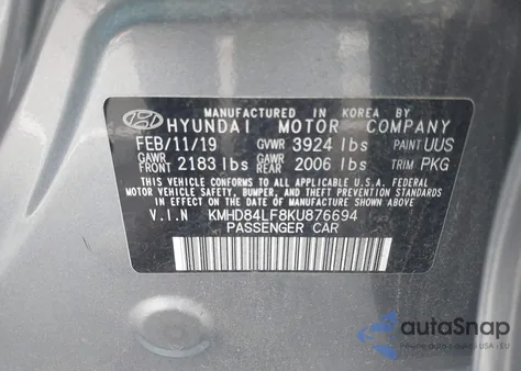 2019 Hyundai Elantra Value Edition from USA, damaged, VIN KMHD84LF8KU876694